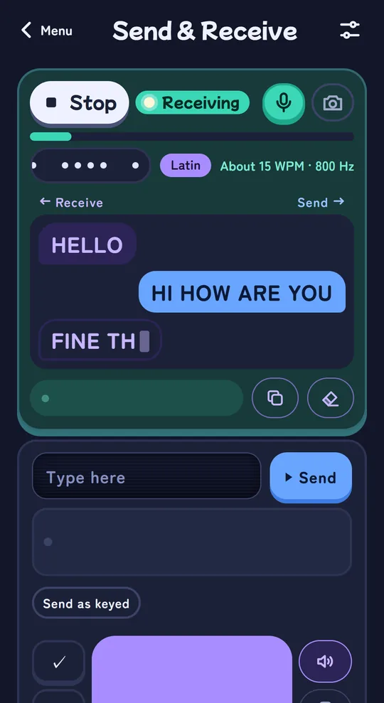 Send & Receive screen, receiving a message